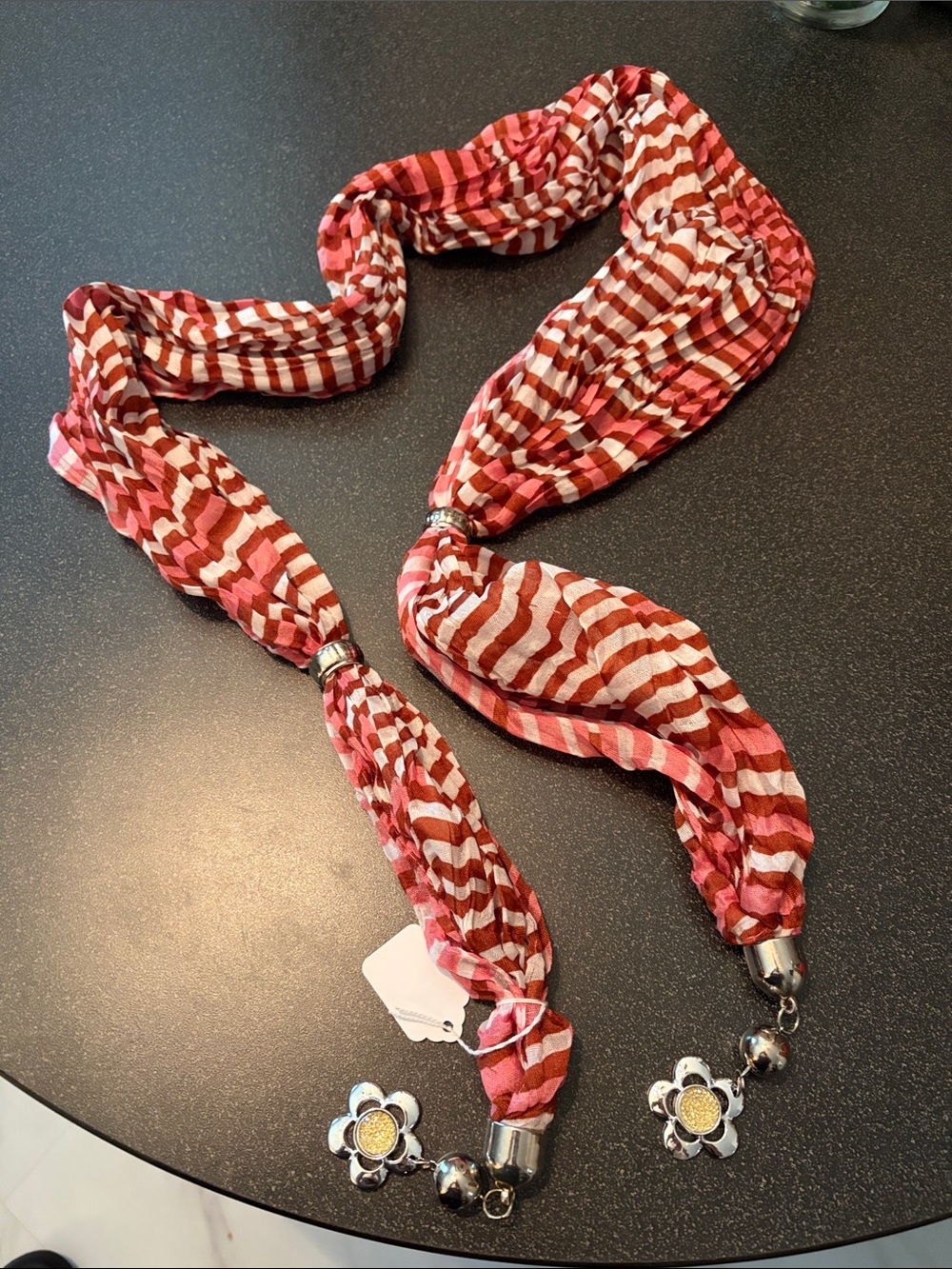 Striped Pink & Red Scarf Necklace with Floral Charms